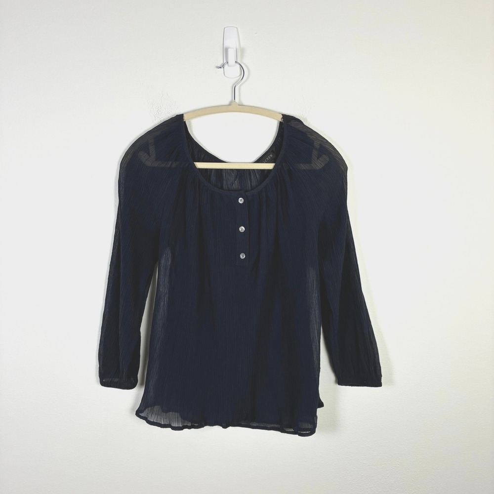 J.Crew Navy Blue Sheer Crinkle Gauze Button Front Blouse Women's XS‎ Summer Boho